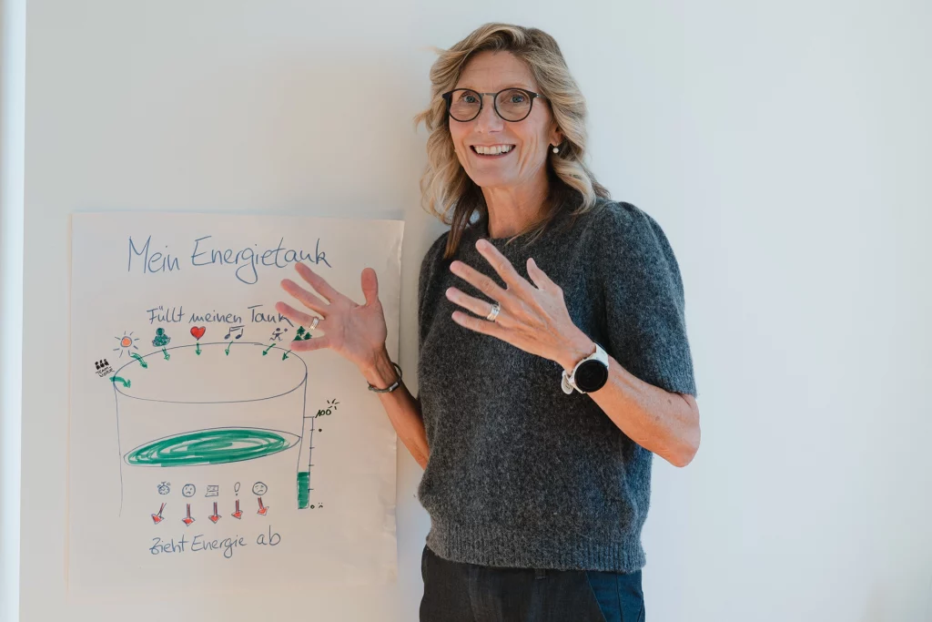 Katja Hartmann beim Mentoring in Präsenz vor einem Chart